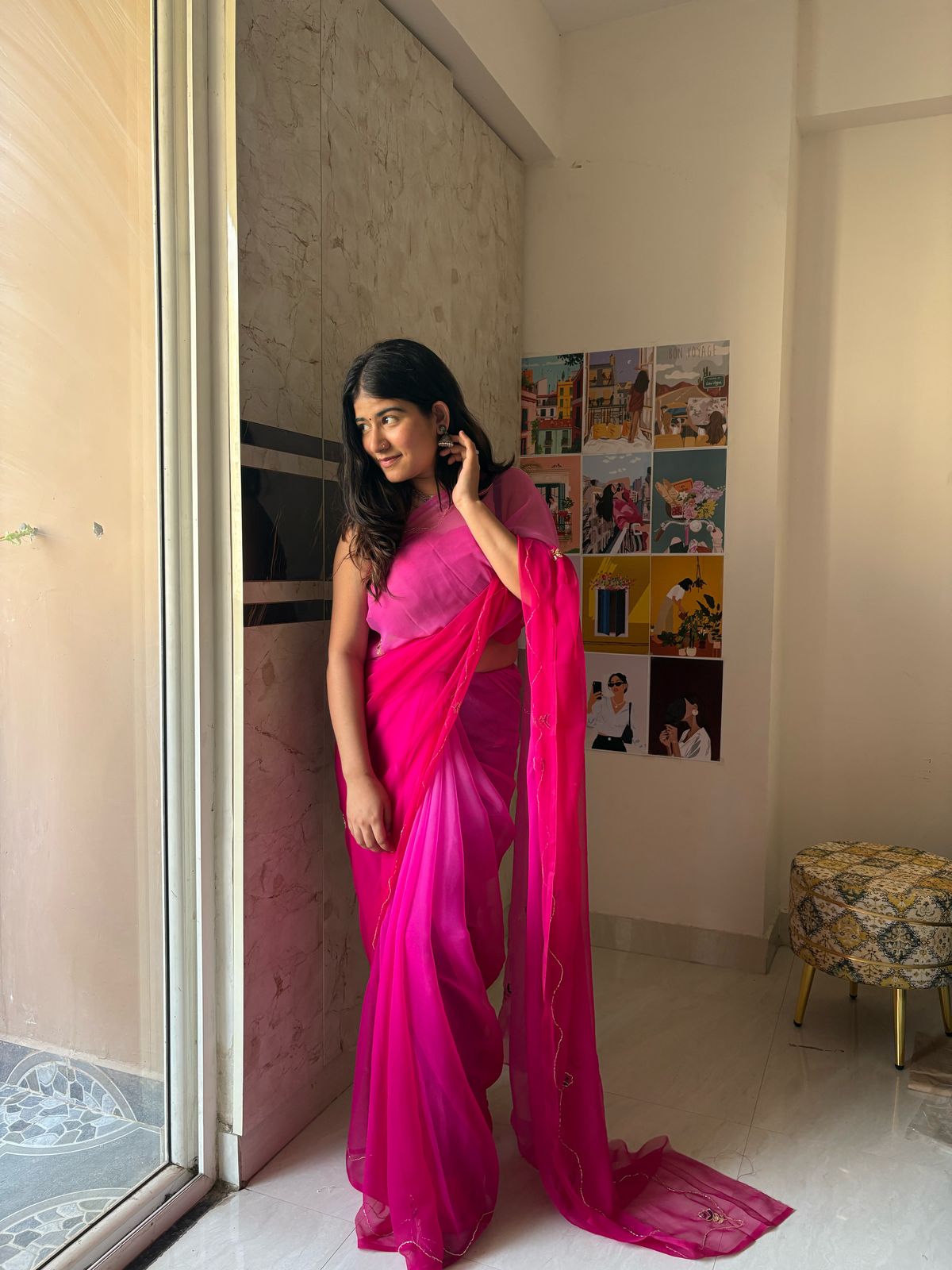 Hot Pink Ombre Georgette Saree
