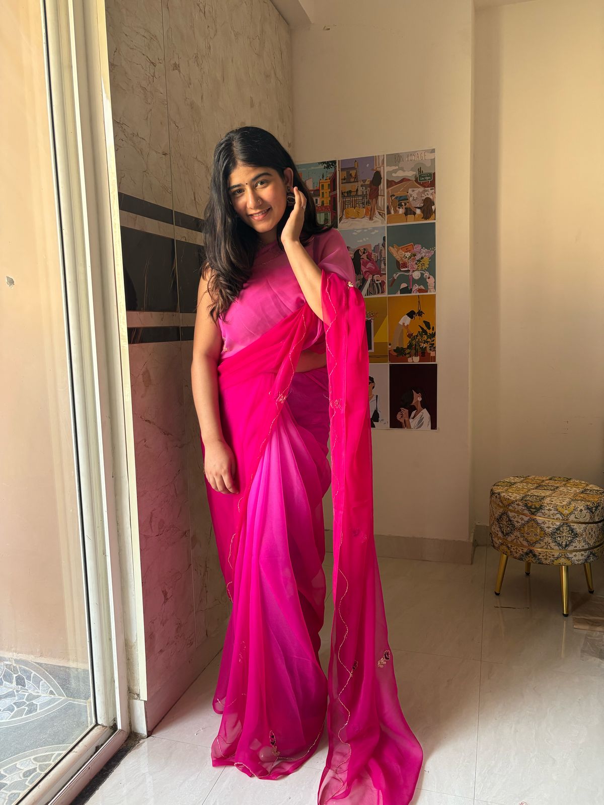 Hot Pink Ombre Georgette Saree