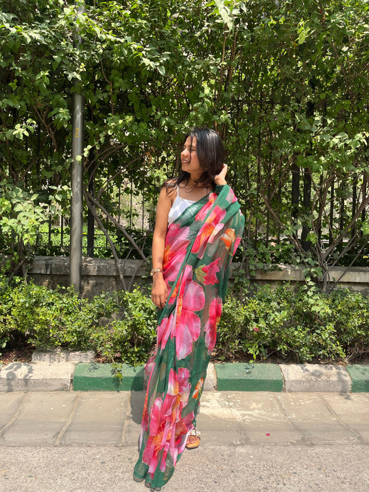 Tropical Bloom Saree:  🌺 – Bold Florals on Lush Green